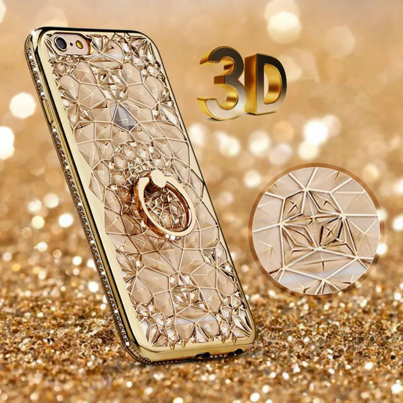 Gold Plating Case 3D Rugged Flower Glitter Diamonds Phone